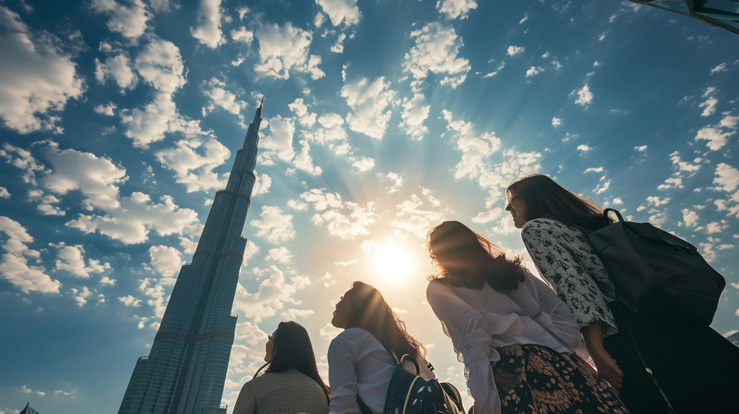 Four girls looking at a skyscraper against the backdrop of the sky