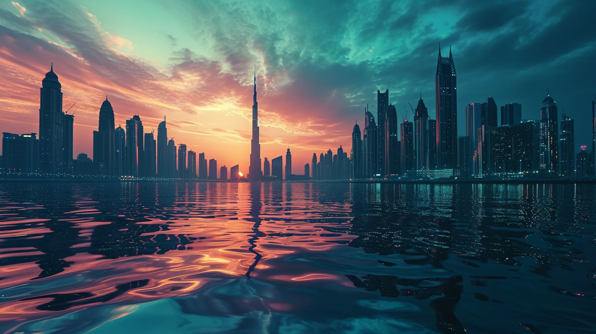 Metropolis at sunset in green-blue-pink hues with water in front of it
