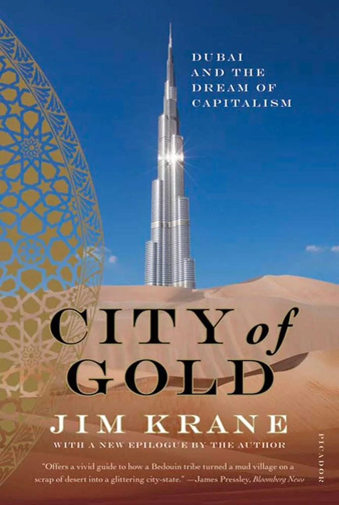 Tall building in the desert with the text: City of Gold
