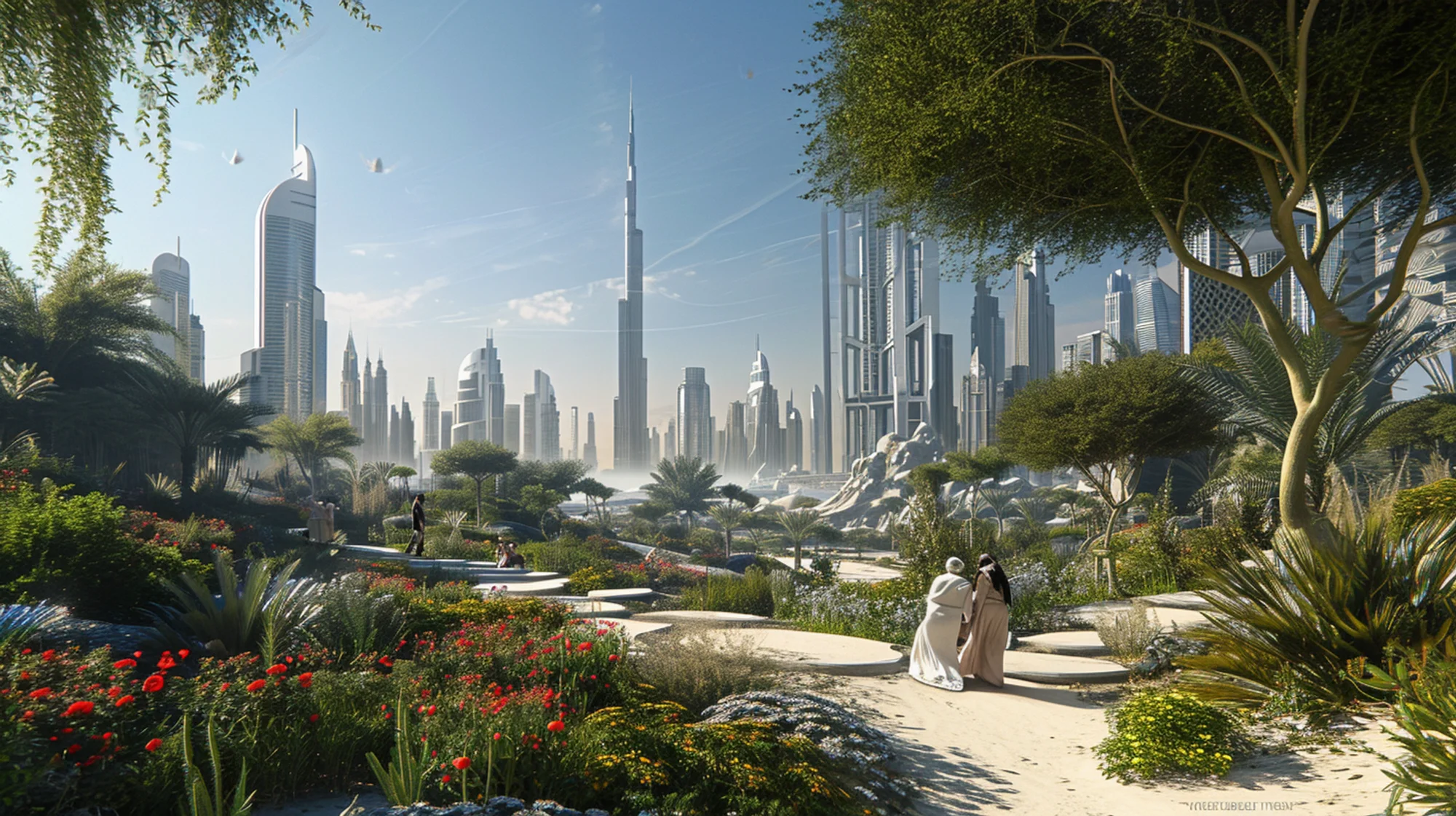 People strolling in a beautiful garden with a metropolis in the background