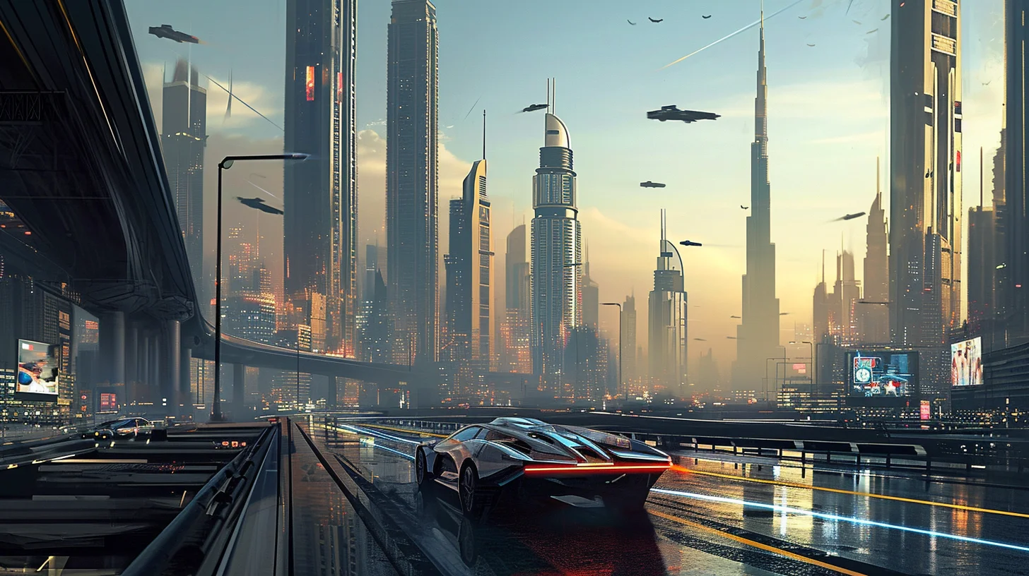 Sleek sports car driving on the road towards a futuristic metropolis with flying vehicles in the sky