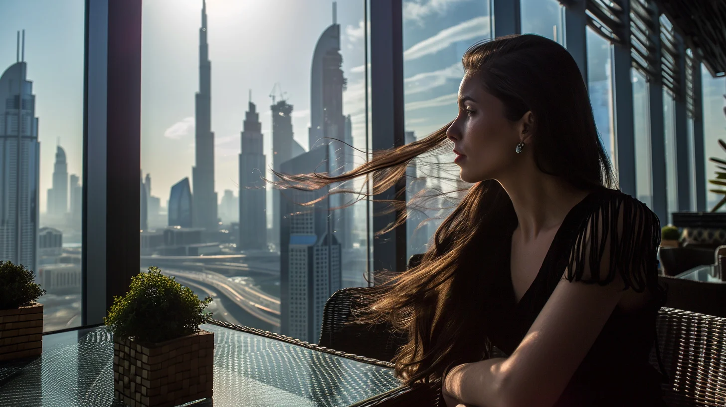 Girl sitting in a cafe and looking at the panoramic window with a large metropolis view