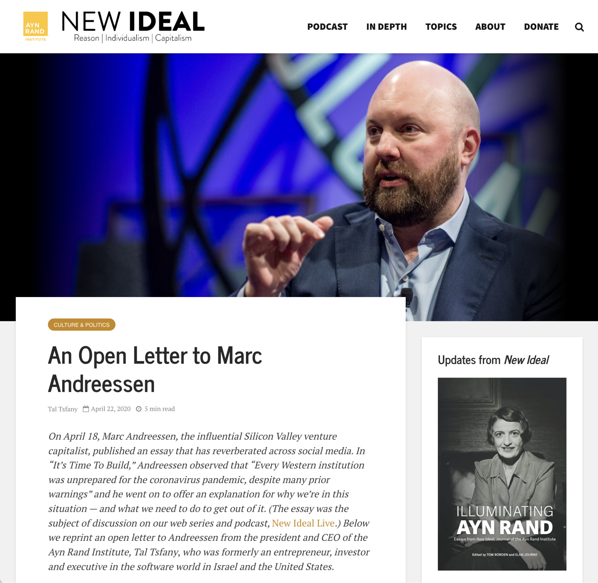Screenshot of New Ideal website featuring article An Open Letter to Marc Andreessen