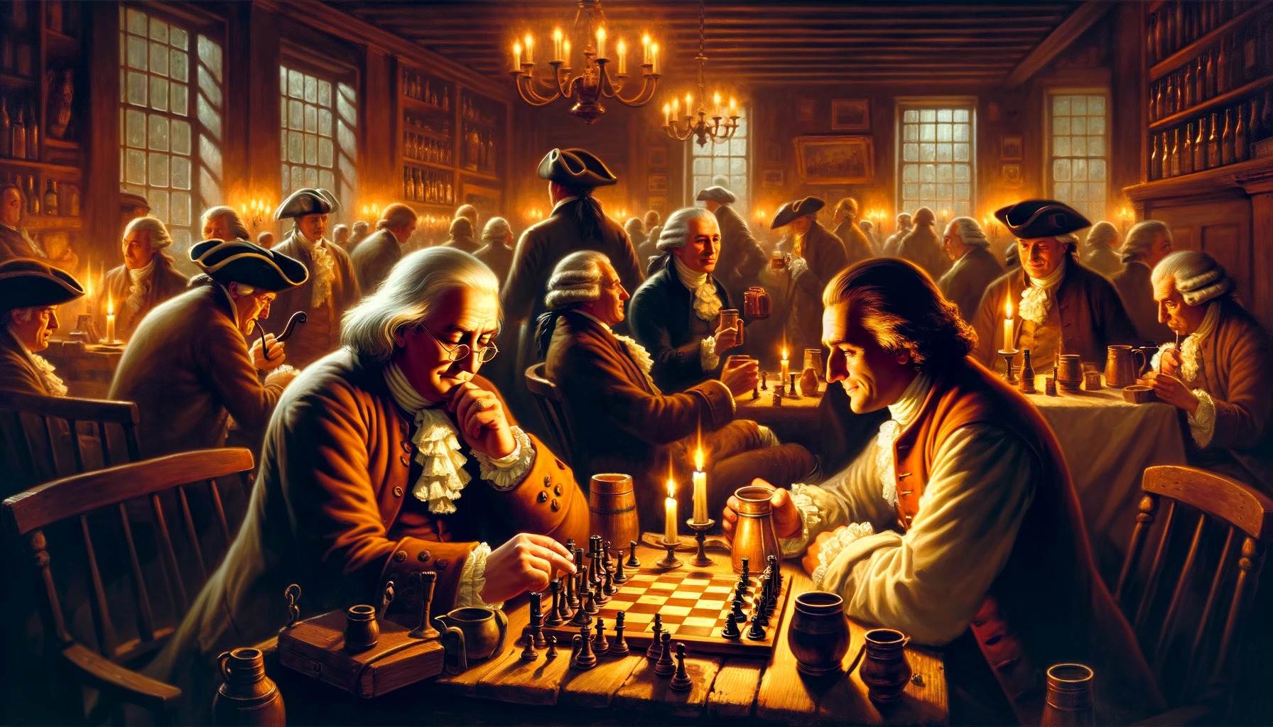 AI generated illustation of Benjamin Franklin and Thomas Paine playing chess in a pub