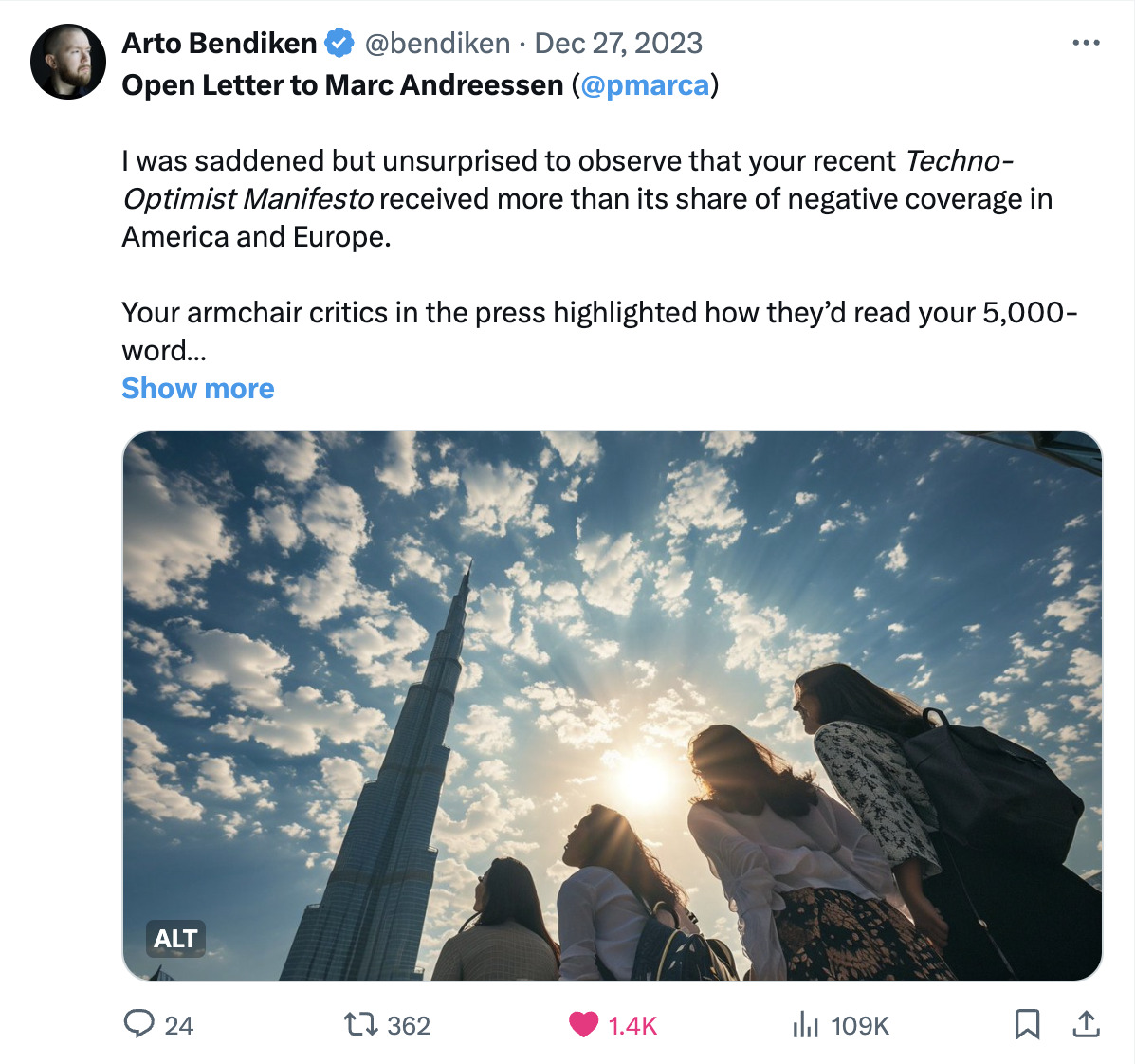 Screenshot of tweet by Arto Bendiken featuring his Open Letter to Marc Andreessen